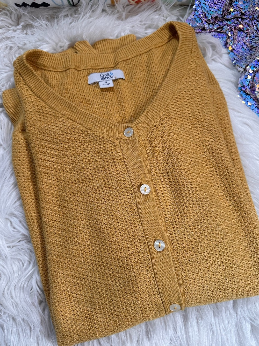 Croft & Barrow • Cotton Golden Yellow Mico Waffle Knit Cardigan